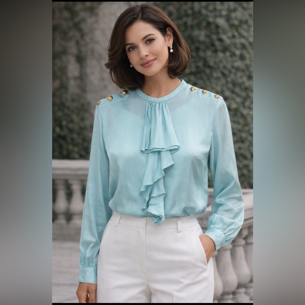 Emilio Pucci Sky Blue Silk Ruffle Front Blouse with Gold Buttons